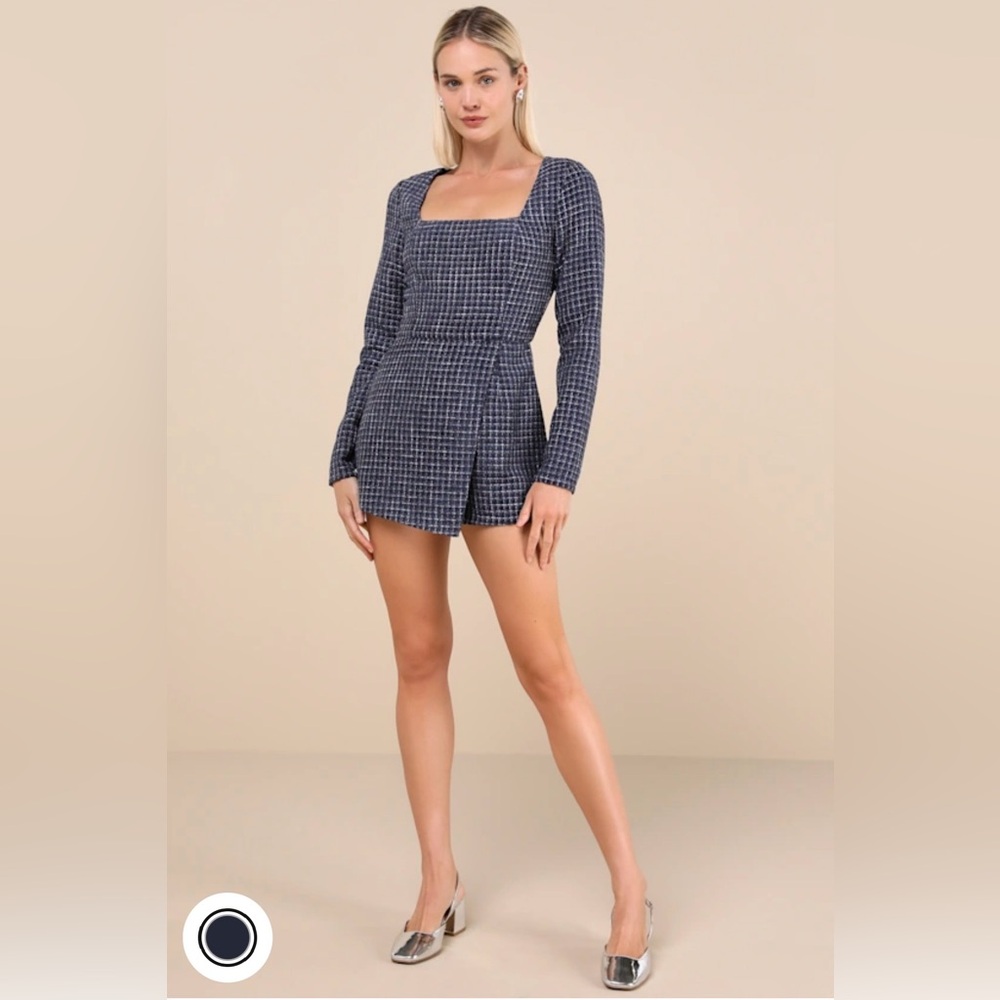 Lulu's Navy Tweed Long Sleeve Sheath Dress with Square Neck